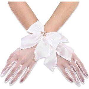 Women's Pearl Bow White Sheer Gloves Bridal Wedding Party Prom Accessory